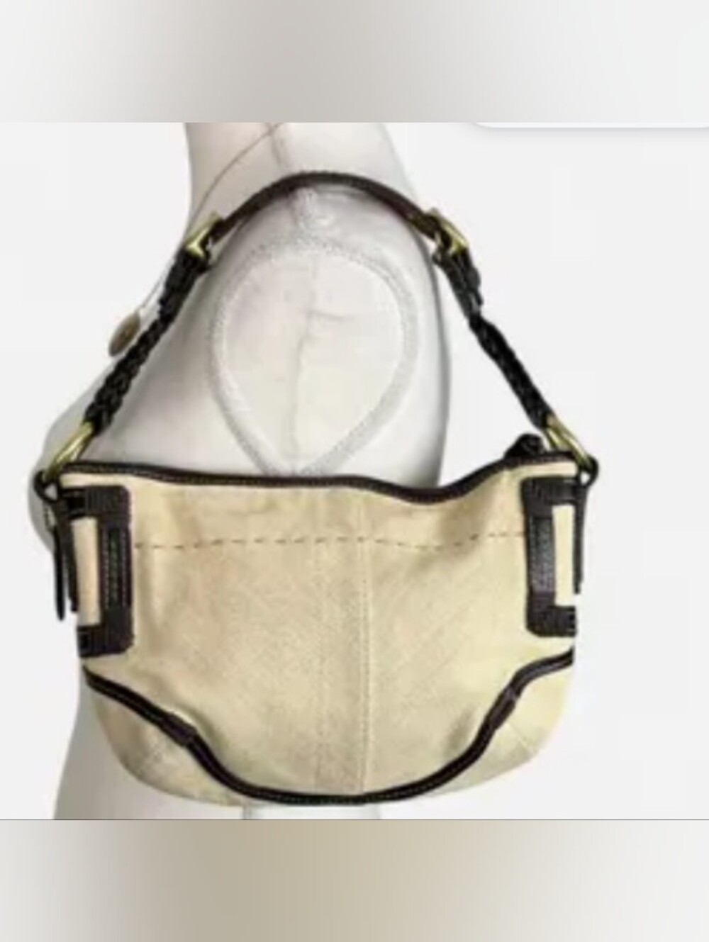 Coach Cream Raffia Mini Shoulder Bag with Dark Brown Leather & Rope Trim - EUC